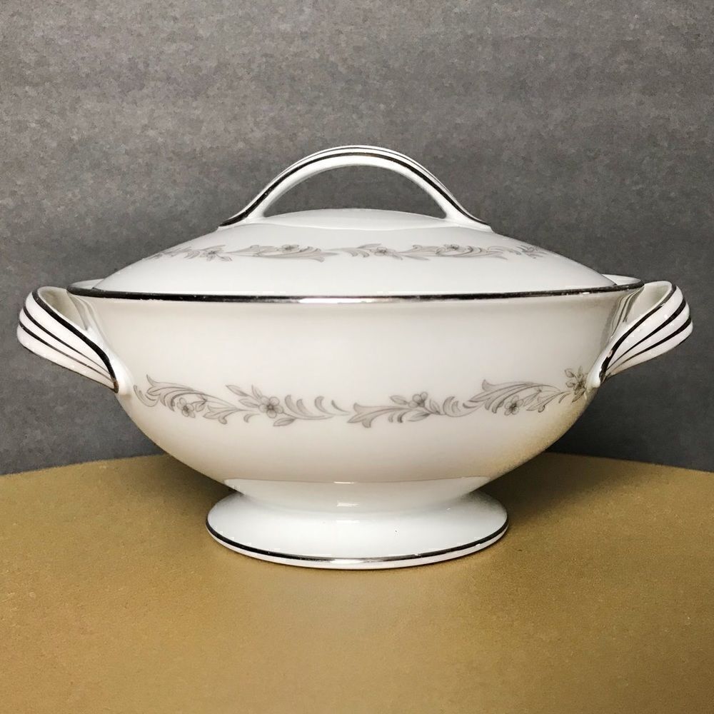 Noritake Crestmont Sugar Bowl with Lid Gray Floral Scroll Band Platinum Trim